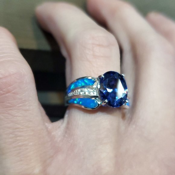 Size 7 925 Sterling Silver Purple CZ With Blue Opal Accents Ring - Picture 4 of 8